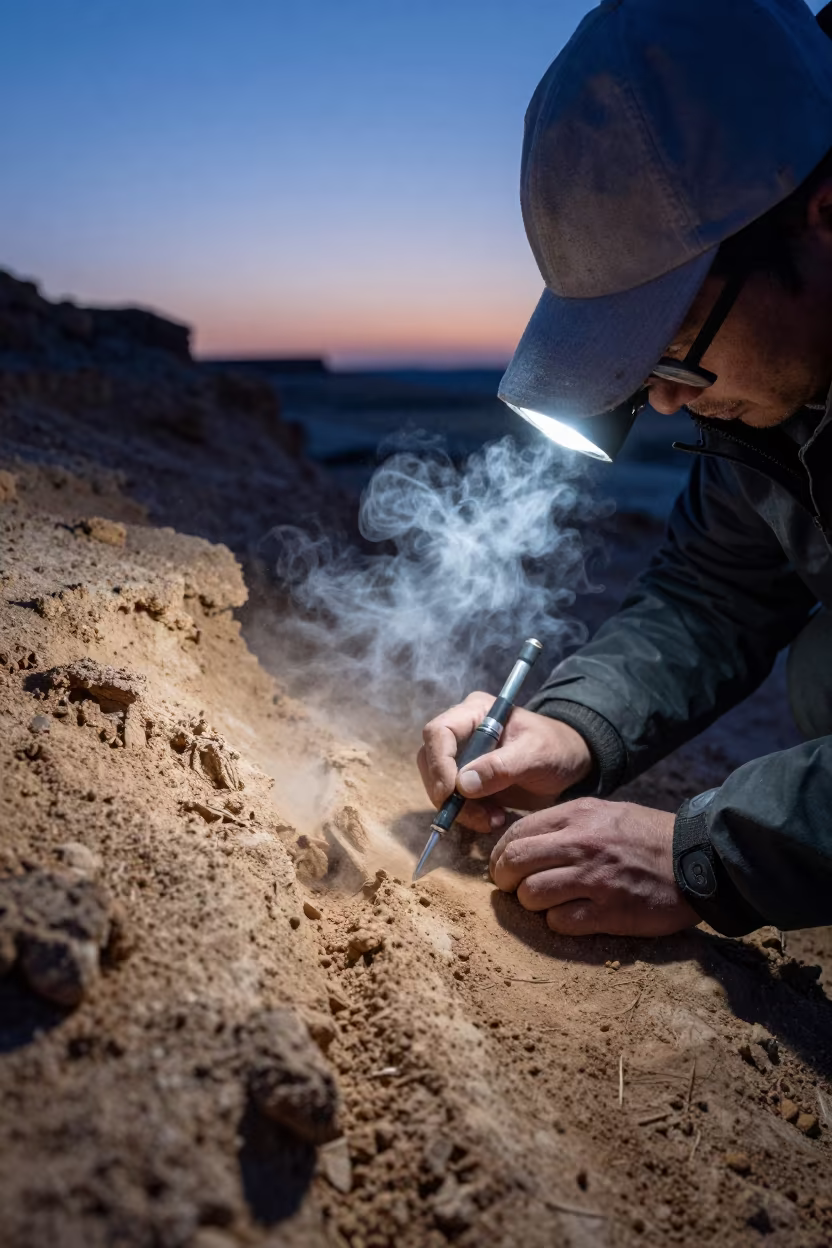 Geologist Sketching Fault Line in Winter Dust in near Tongi