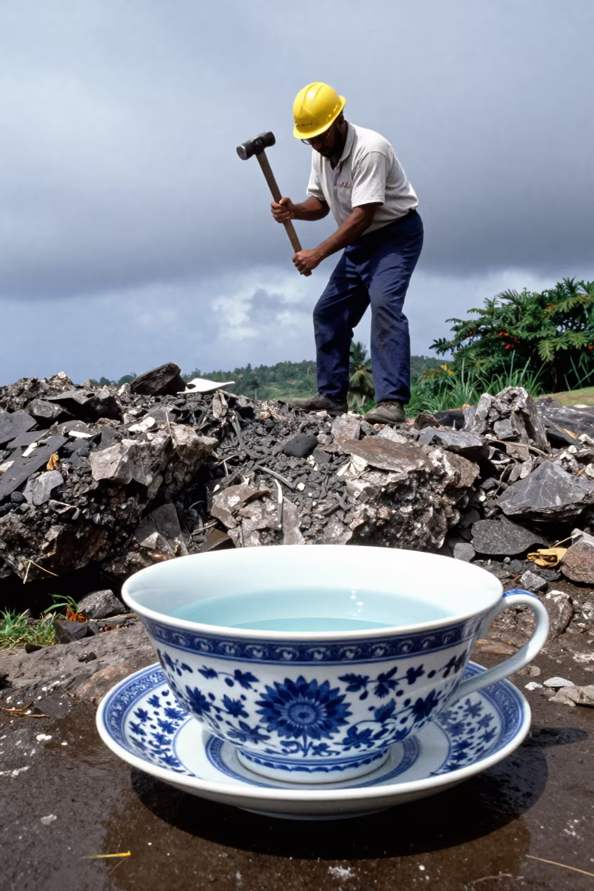 Geologist Splits Shale Amid Giant Teacup in along a rocky geology outcrop in Blantyre