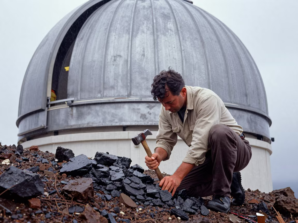 Geologist Splits Shale Beside Observatory Dome in beside an observatory dome in Aragon