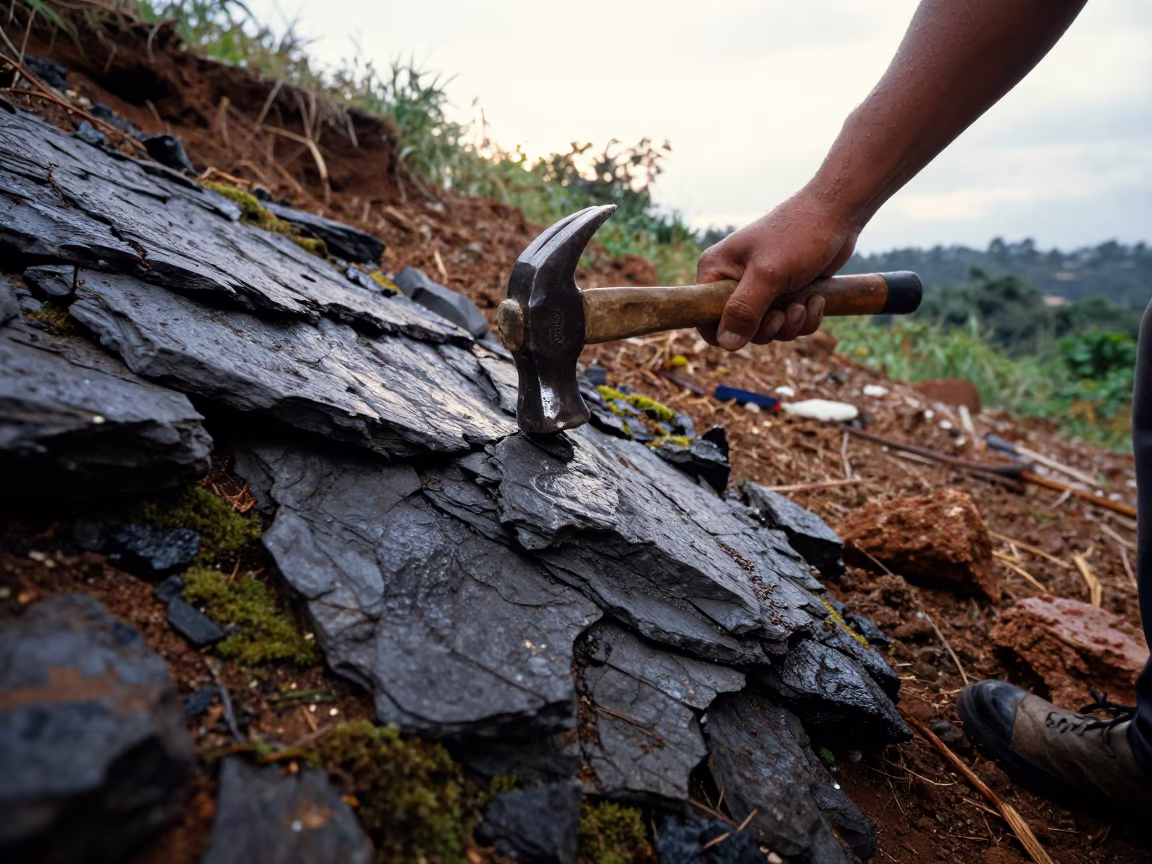 Geologist Splits Shale Rock on Terengganu Outcrop in along a rocky geology outcrop near Kuala Terengganu