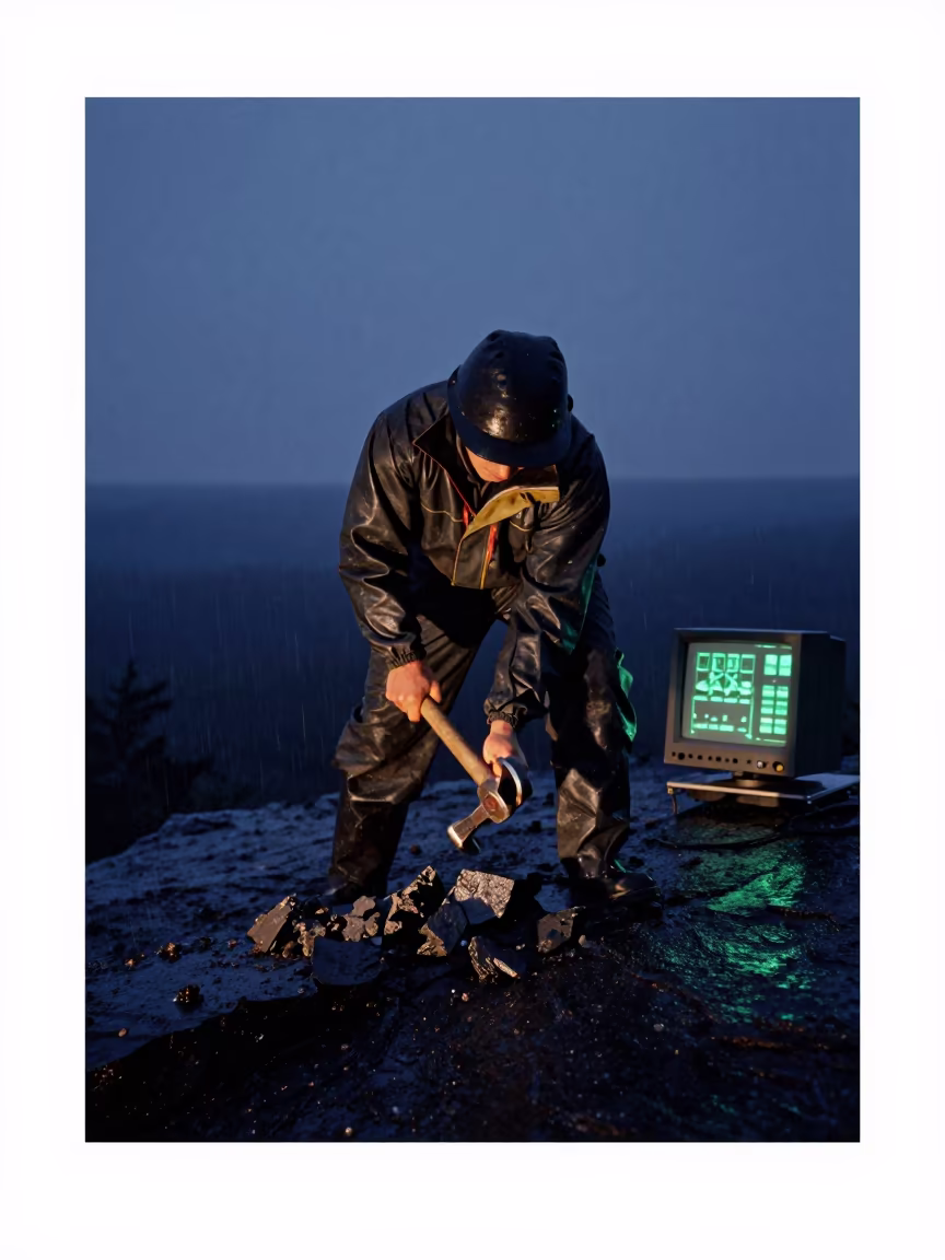 Geologist Splitting Shale Before Dawn in along a rocky geology outcrop in New York
