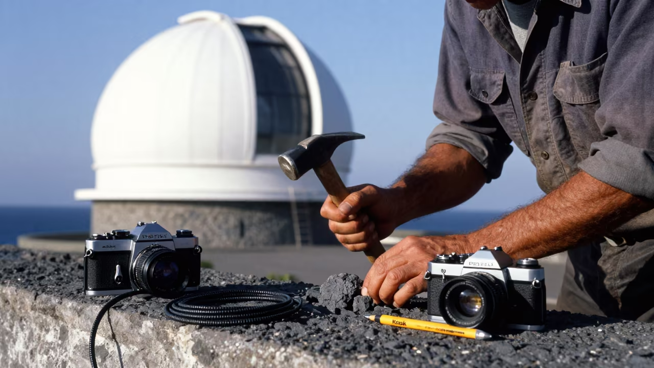 Geologist Splitting Shale Near Flores Observatory Dome in beside an observatory dome in Flores