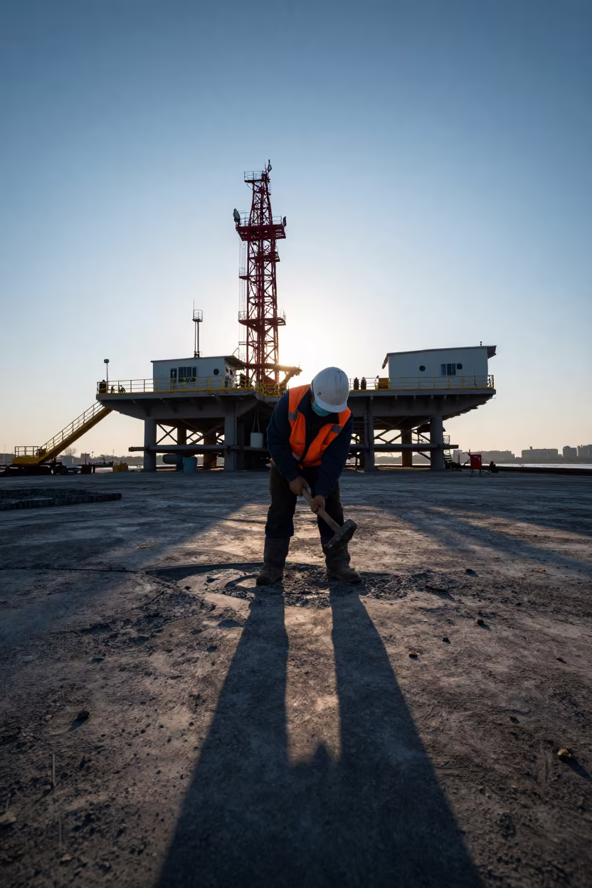 Geologist Splitting Shale on Shanghai Outcrop in on a wind-scoured research platform near Tianzifang, Shanghai