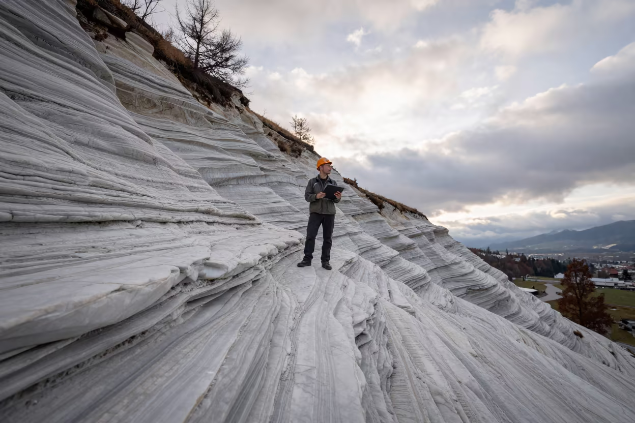 Geologist Studies Folded Marble Bands at Dawn in in Innsbruck