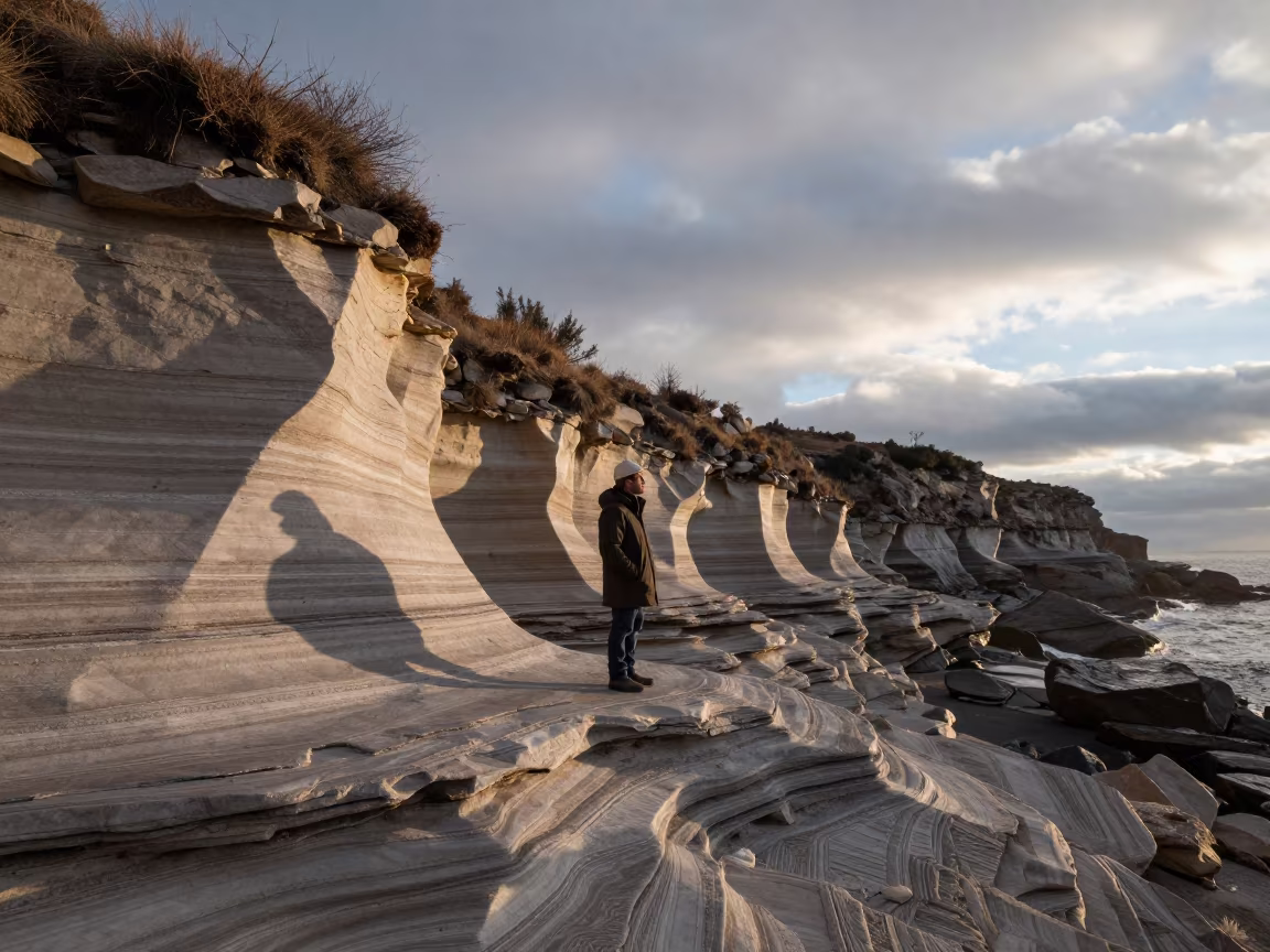 Geologist Under Folded Marble Bands Winter Coast in in San Blas, Cusco