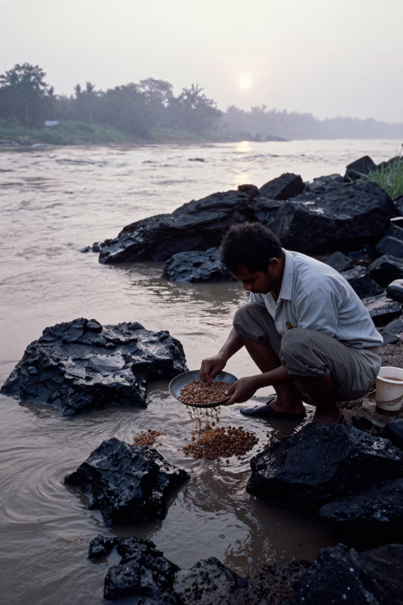 Geologist Washing Garnet Sand at Nautical Dawn in near Yangon