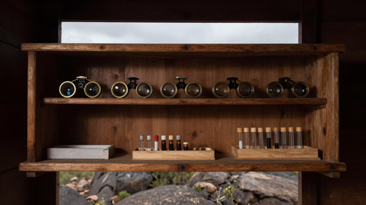 Geology Field Station Shelf With Hand Lenses in along a rocky geology outcrop in Lesotho