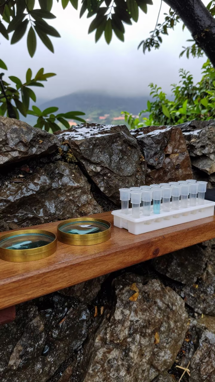 Geology Field Station Shelf with Lenses and Samples in along a rocky geology outcrop in Laureles, Medellin