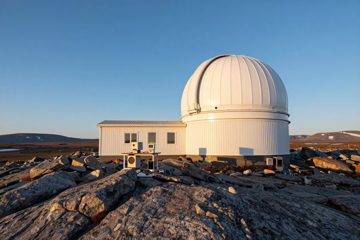 Geology Station Above Arctic Glacier Moraine in beside an observatory dome in Siberia