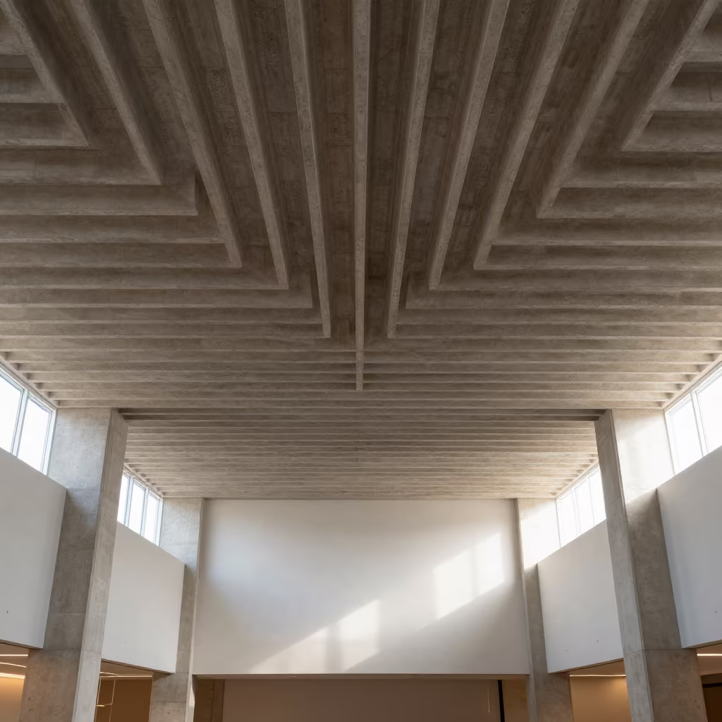 Geometric Ceiling Tiles Converging at Vanishing Point in inside a ribbed concrete lobby near Boyle Heights, Los Angeles