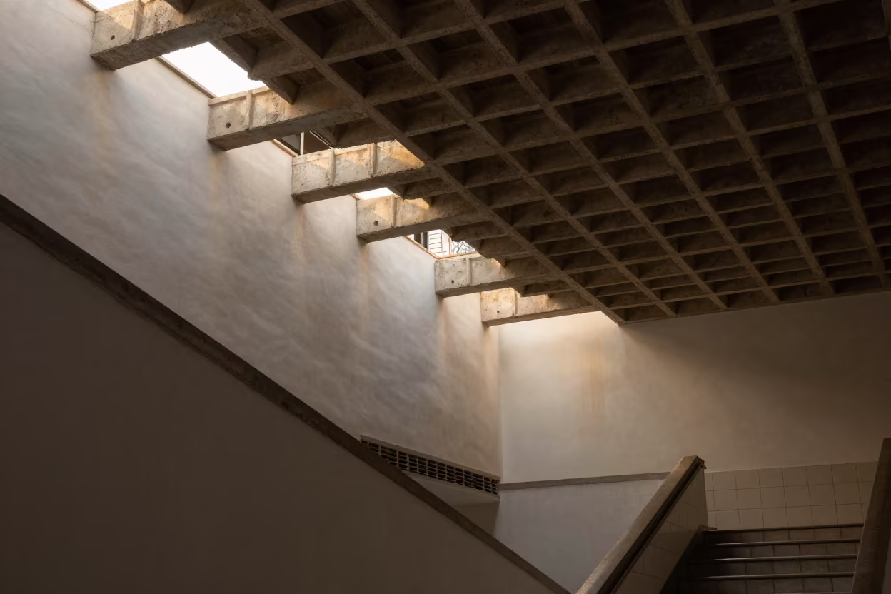 Geometric Concrete Ceiling in Barquisimeto Hall in inside a tiled stair hall in Barquisimeto
