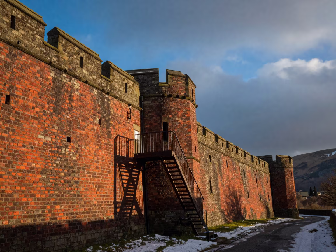 Geometric Fire Escape Shadow on Lake District Brick Wall in outside a wind-scoured fortress wall in the Lake District