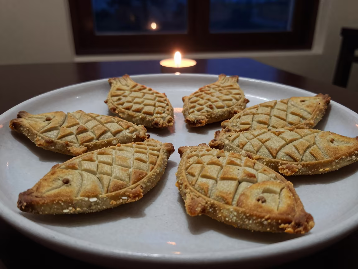 Geometric Fish-Scale Roof Food on Plate in on a ceramic plate by a window in Sangli