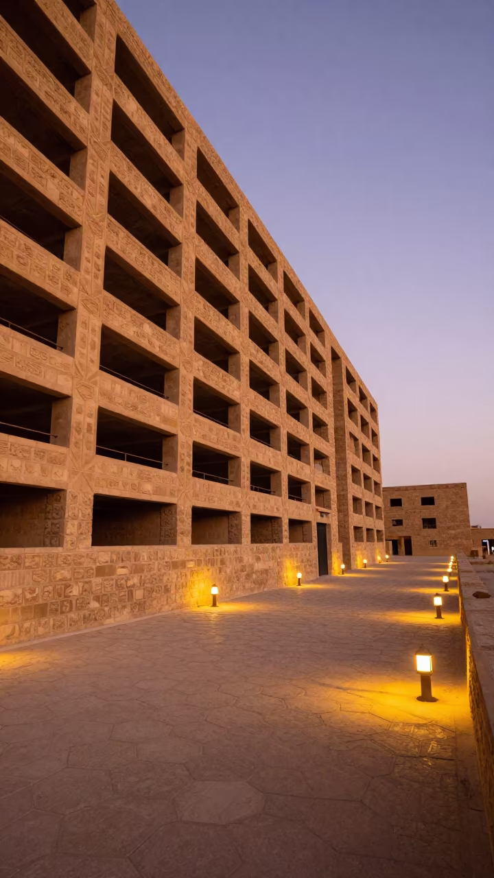 Geometric Honeycomb Facade in Giza Temple Light in in a lantern-lined temple precinct near Giza