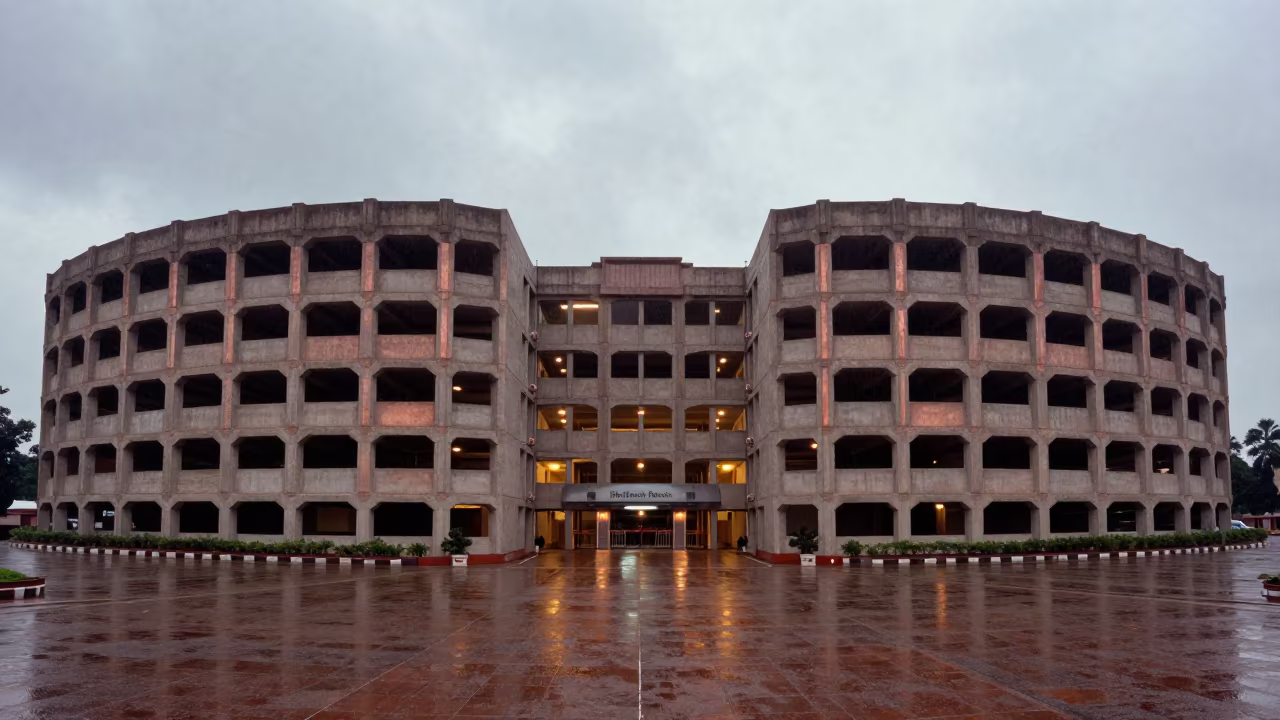 Geometric Honeycomb Facade in Rainy Season Light in across a formal civic plaza in Machilipatnam