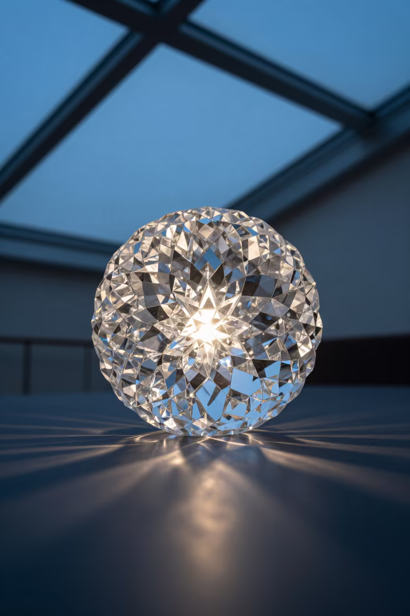 Geometric light play through cut crystal in arcade in inside a glass-roofed arcade near Minatitlán