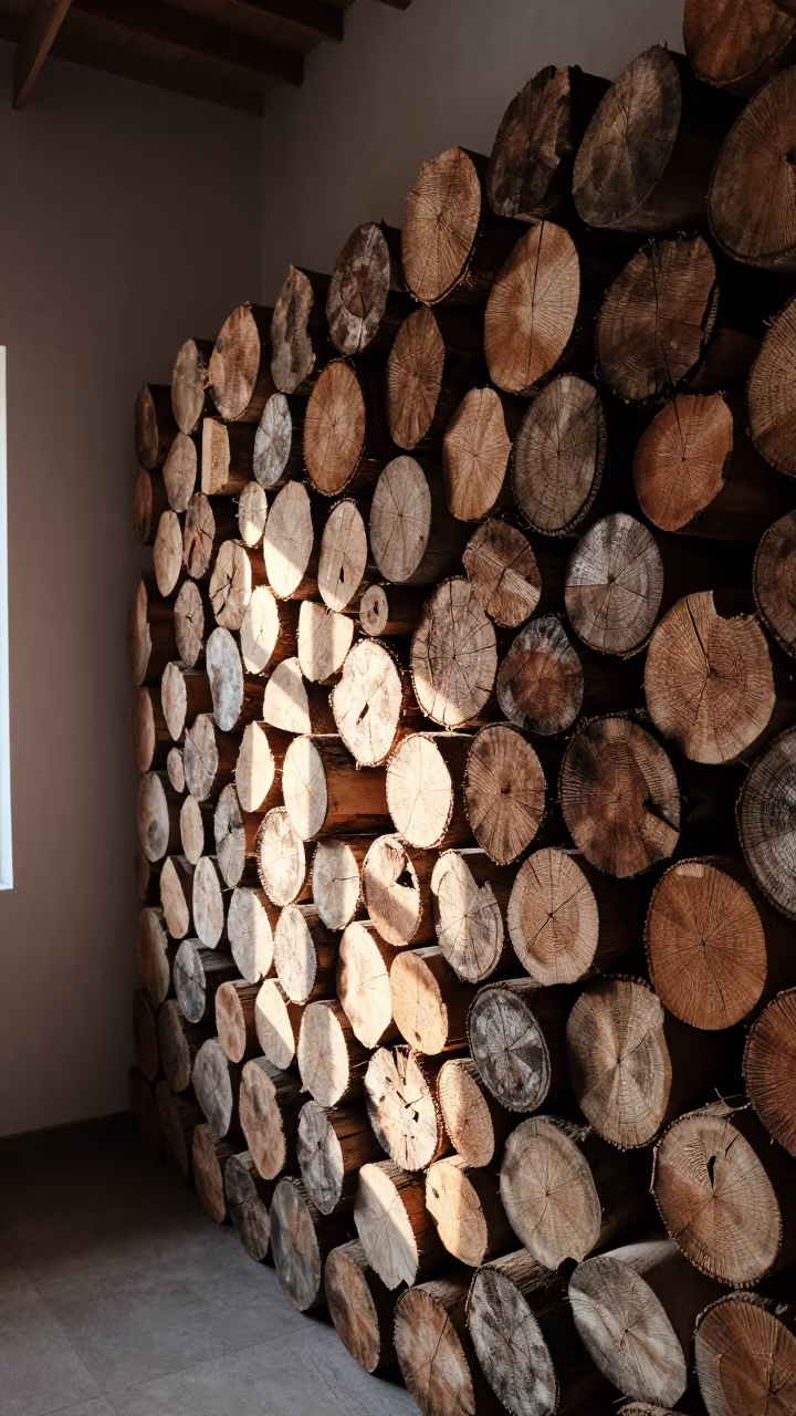 Geometric Log Wall Pattern in Atrium in inside a vaulted atrium near Nowshera