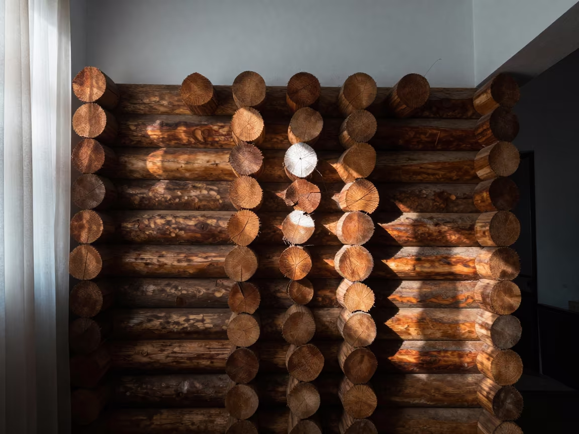 Geometric Log Wall Pattern from Above in inside a skylit passageway near Bonoua