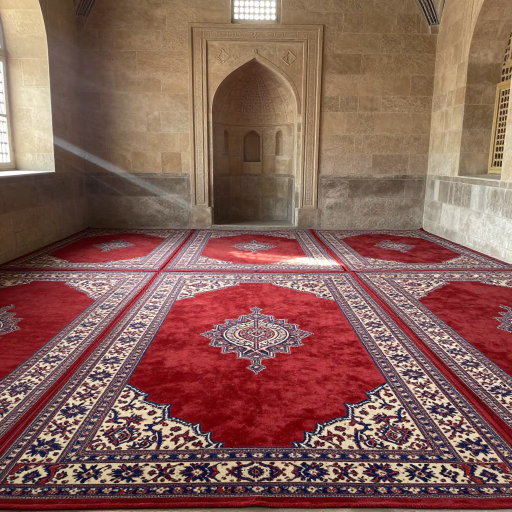 Geometric Mosque Carpet in Alice Springs Altar in at the foot of a stone altar in Alice Springs