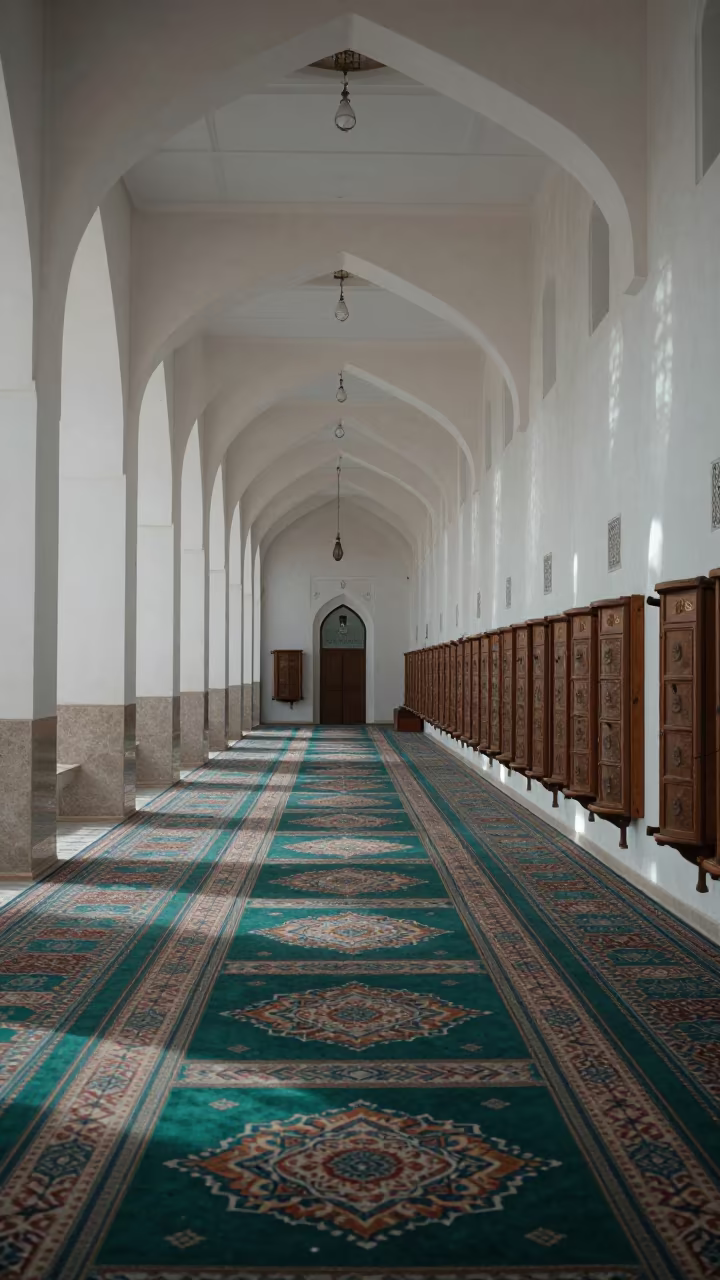 Geometric Mosque Carpet in Jeddah Prayer Corridor in beside a prayer wheel corridor in Jeddah