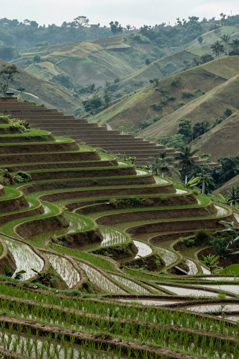Geometric Rice Terraces on Brazilian Hillside After Rain in from a ridge above layered foothills in Brazil