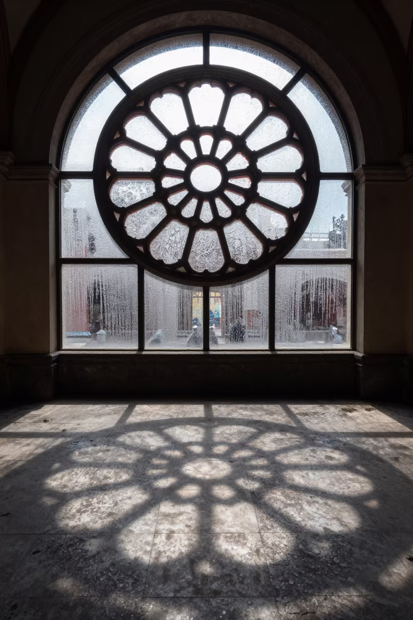 Geometric Rose Window Shadows on Stone Floor in inside a vaulted atrium in Santa Maria la Ribera, Mexico City