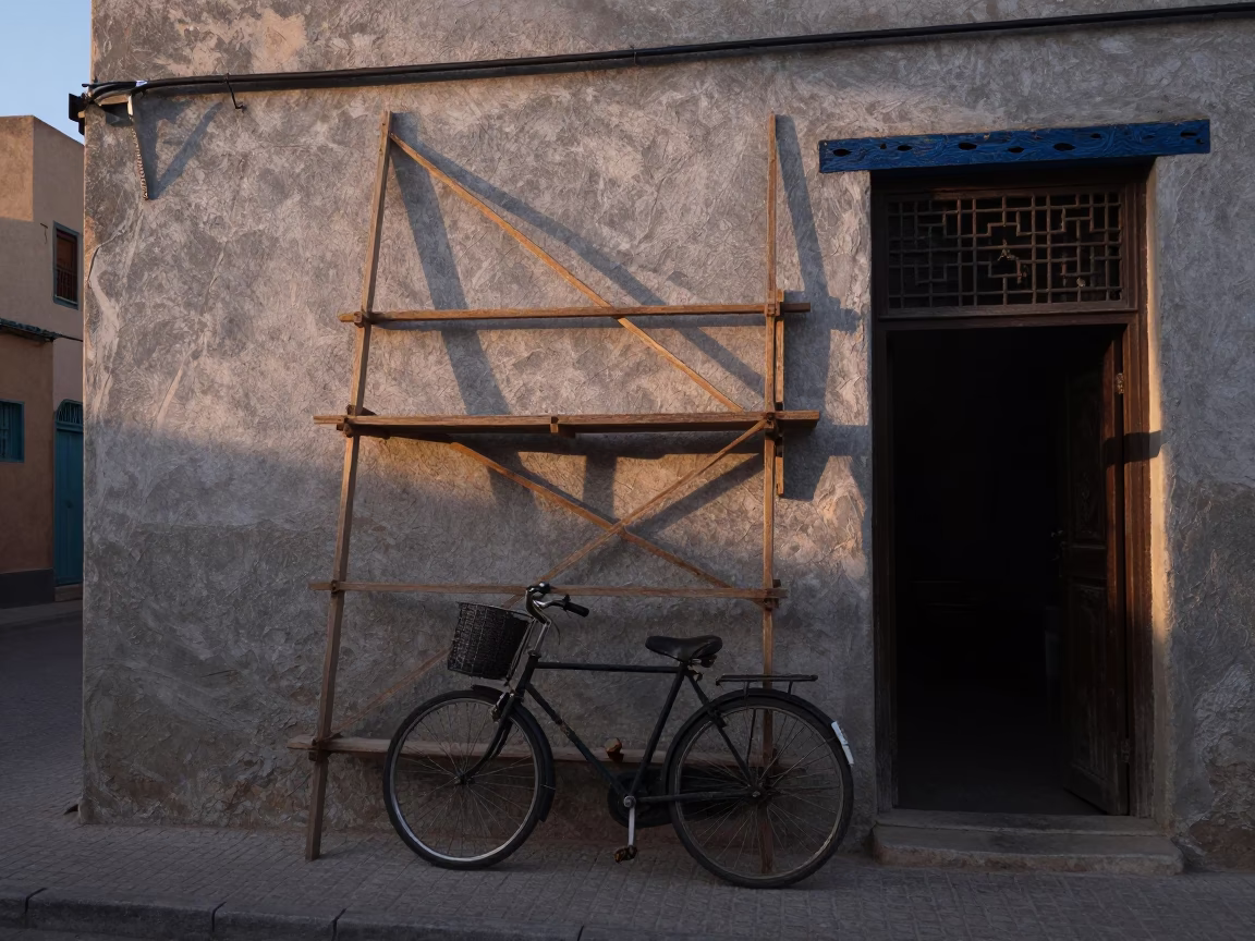 Geometric Scaffold in Fez at The Still Hours Before Dawn Light in in Fez, Morocco