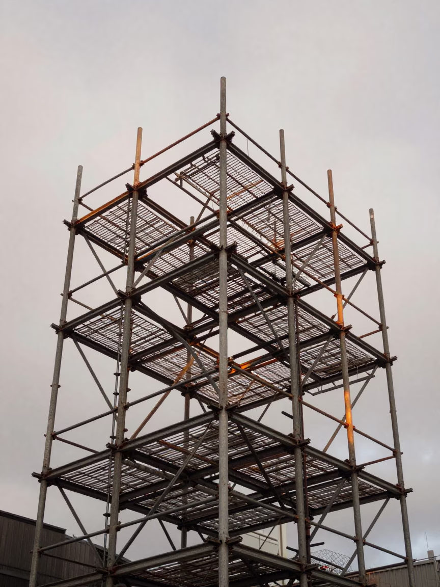 Geometric Scaffold Joints Against White Sky in Christchurch Evening Light in in Christchurch, New Zealand