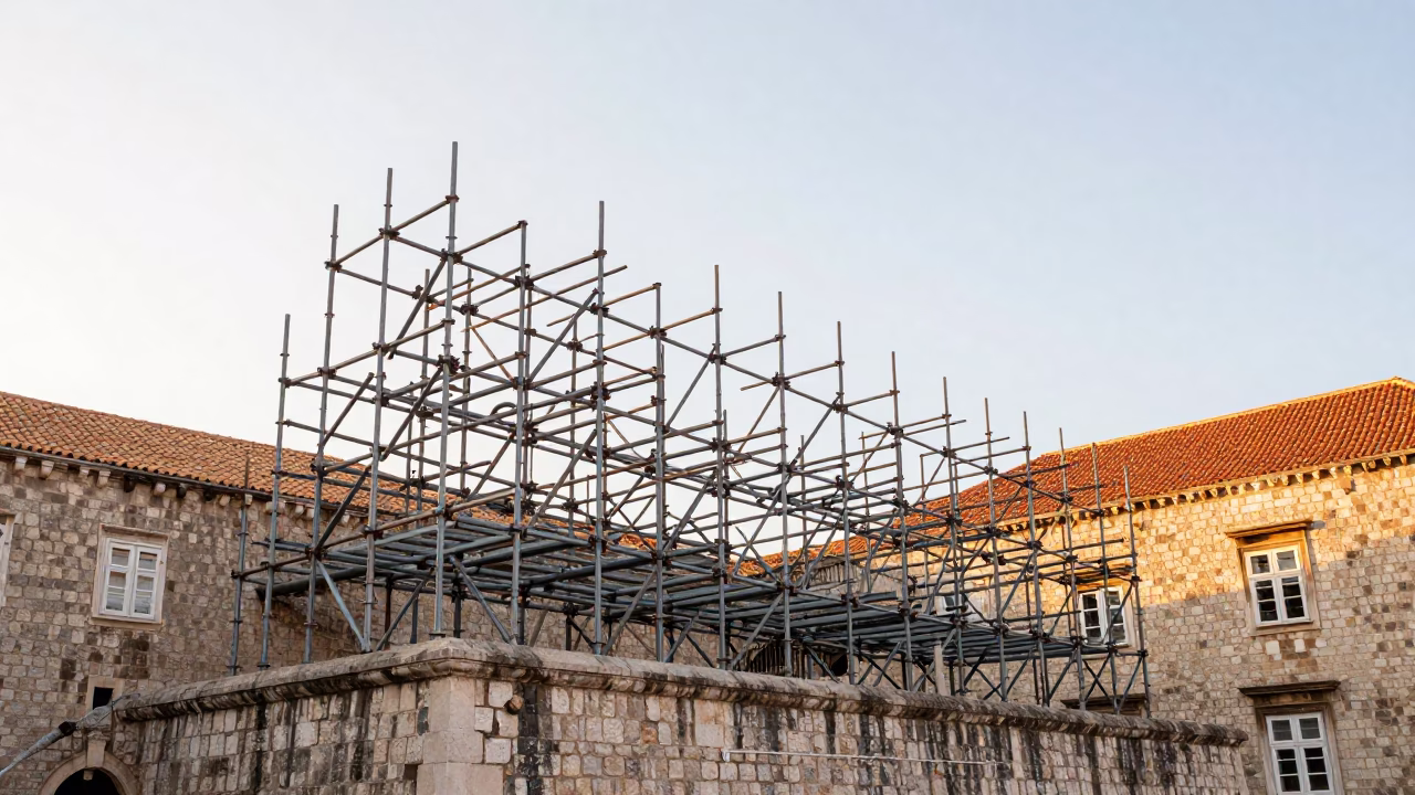 Geometric Scaffolding Joints Against White Sky in Dubrovnik Evening Light in in Dubrovnik, Croatia