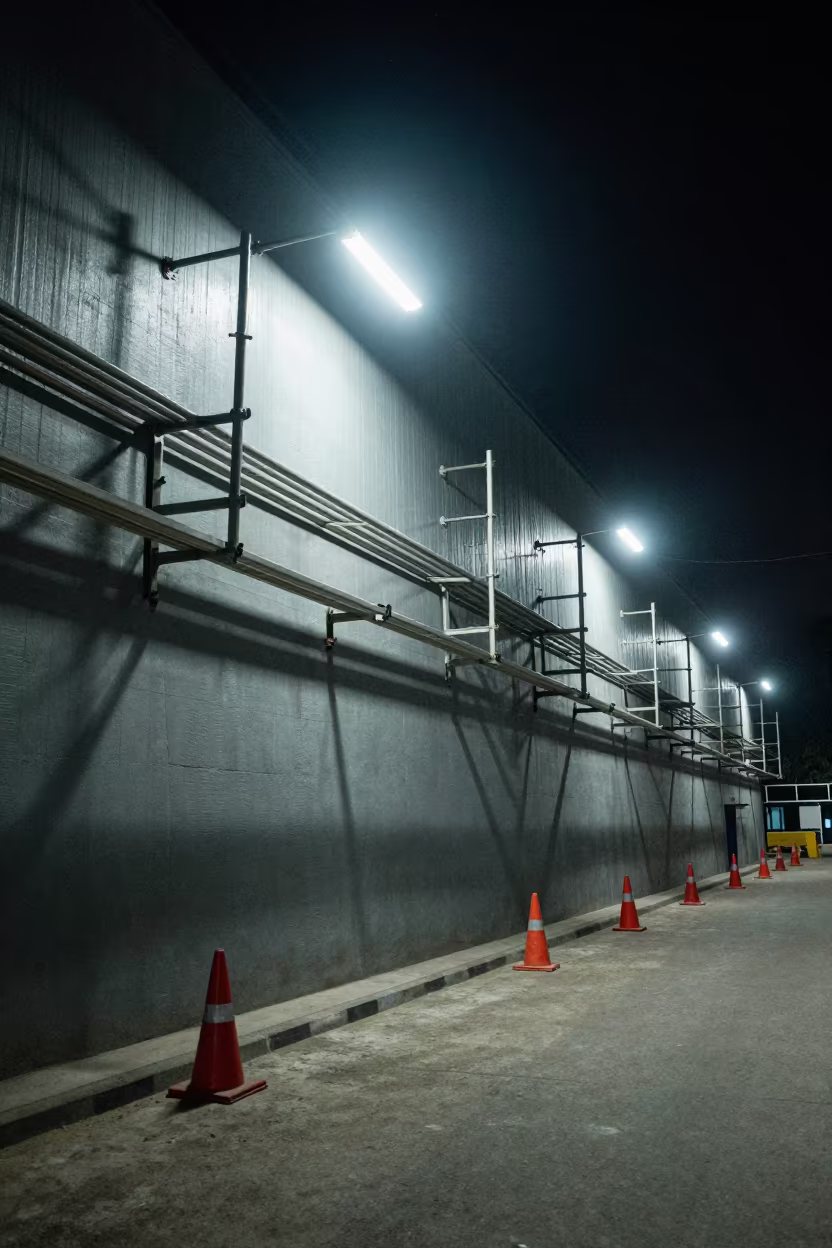 Geometric Scaffolding Shadows Factory Floor Dhaka in on a factory floor near Dhaka