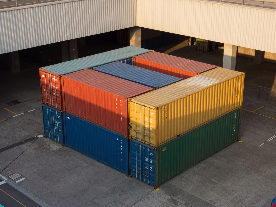 Geometric Shipping Containers Overhead View in inside a ribbed concrete lobby near Aberdeen, Hong Kong