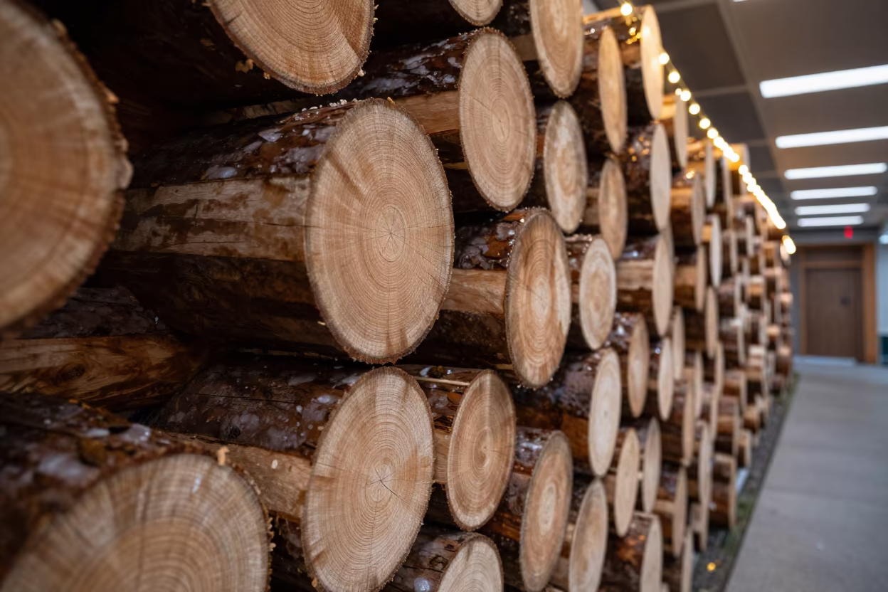 Geometric Stacked Log Wall End at Night in inside a skylit passageway near Indore