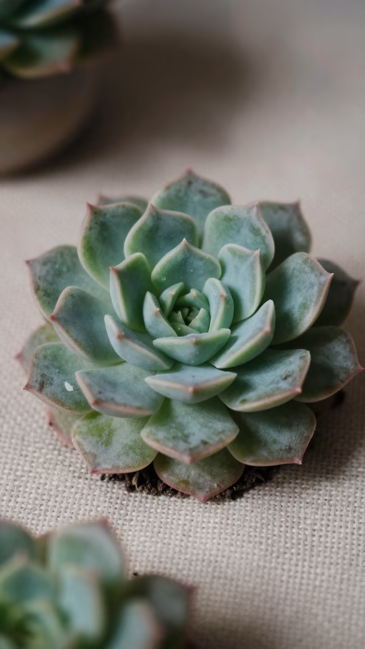 Geometric Succulent Rosette on Linen in against woven linen fibers in Darband, Tehran