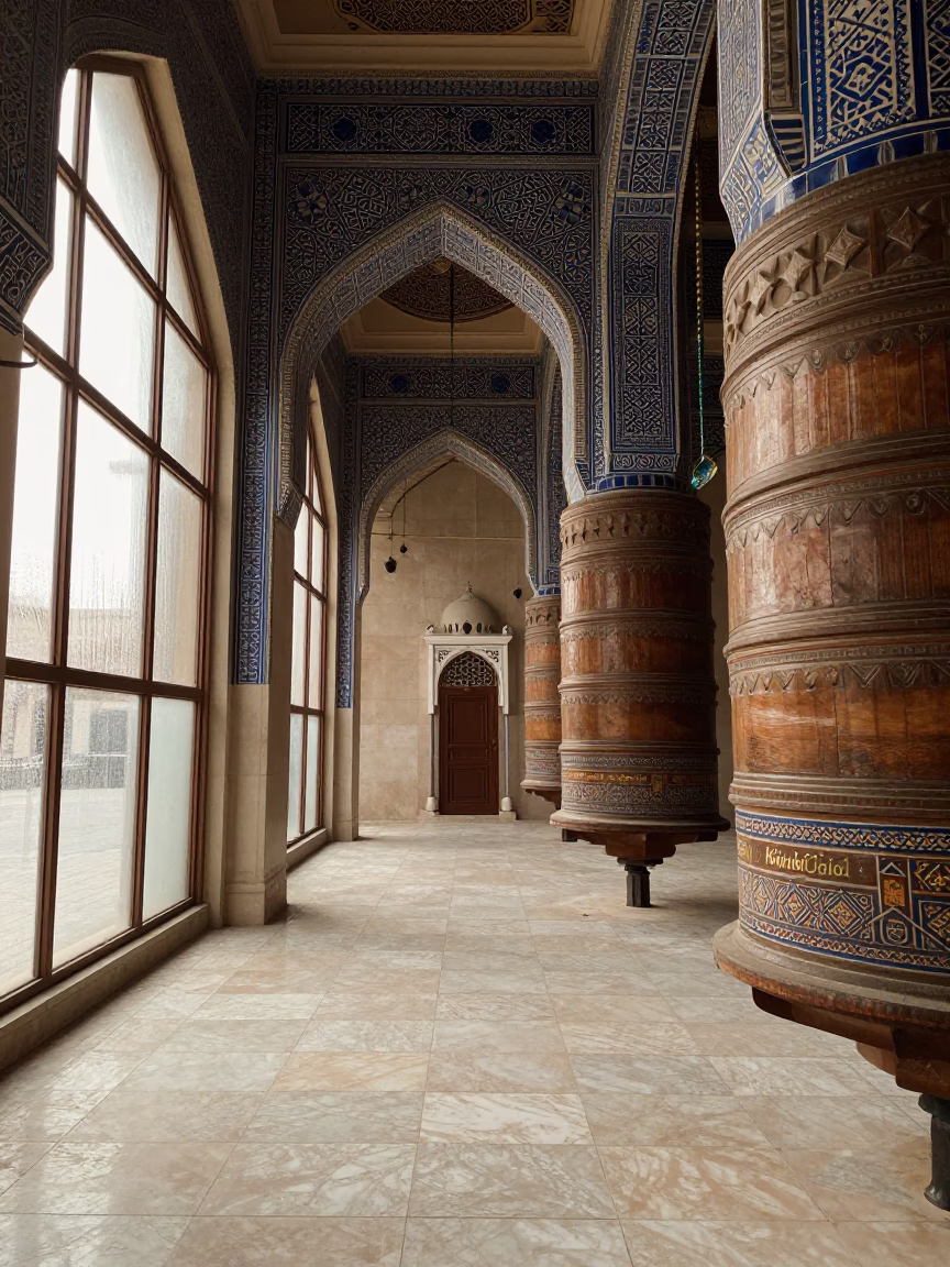 Geometric Tile Patterns in Jeddah Mosque Corridor in beside a prayer wheel corridor in Jeddah