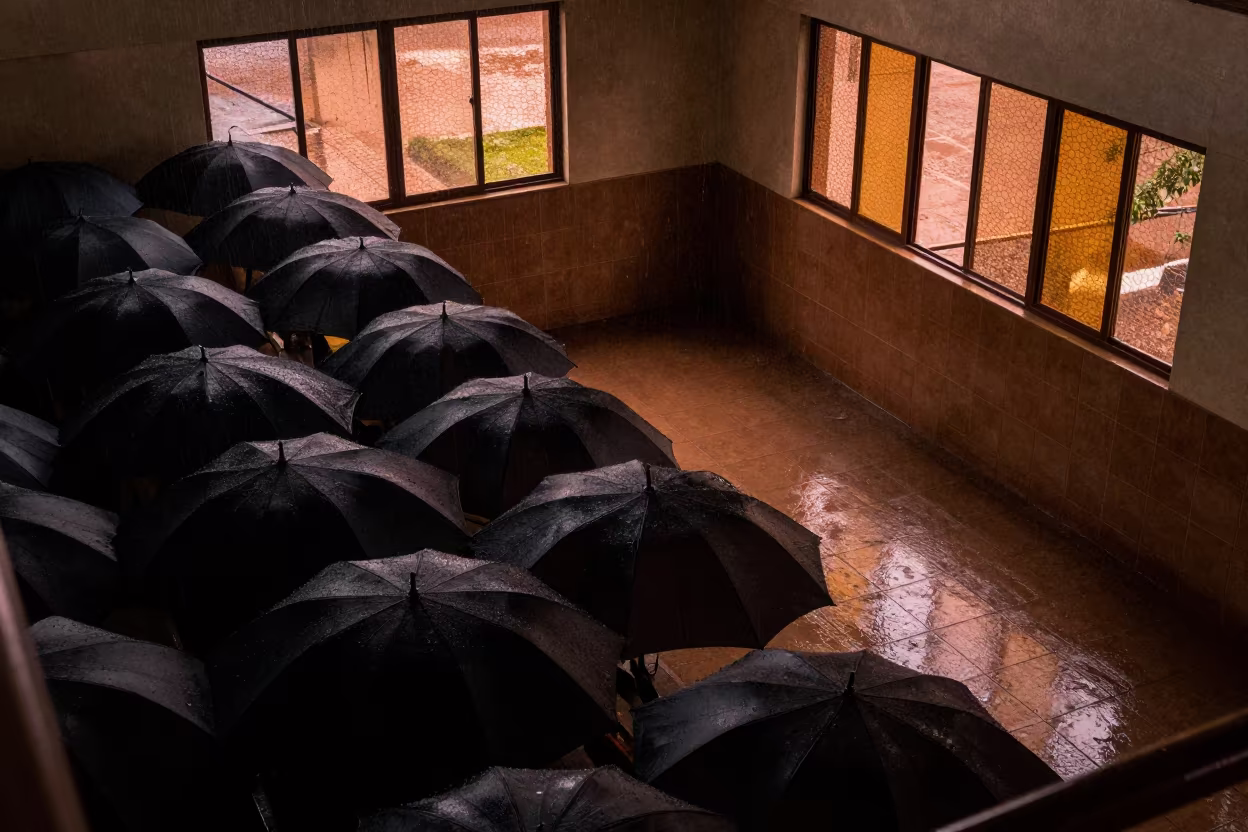 Geometric Umbrella Tops in Copper Arusha Stair Hall in inside a tiled stair hall in Arusha