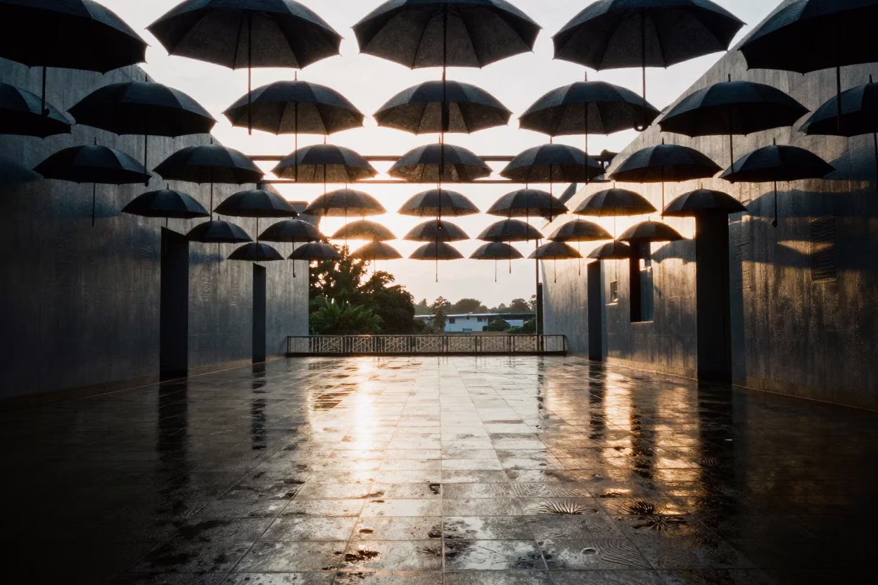 Geometric Umbrella Tops in Dawn Light Atrium in inside a vaulted atrium in Port Moresby