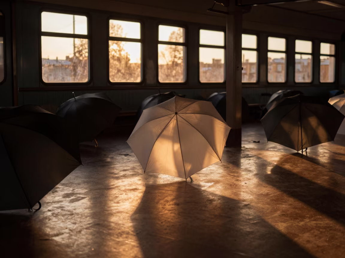 Geometric Umbrella Tops Sunset Light in inside a restored train terminal near St Petersburg