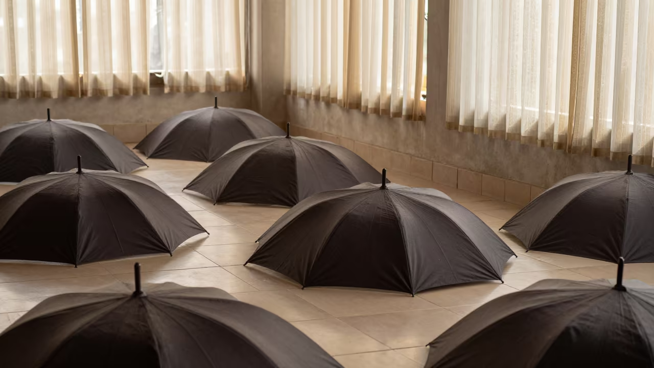 Geometric Umbrella Tops in Tamale Stair Hall in inside a tiled stair hall in Tamale