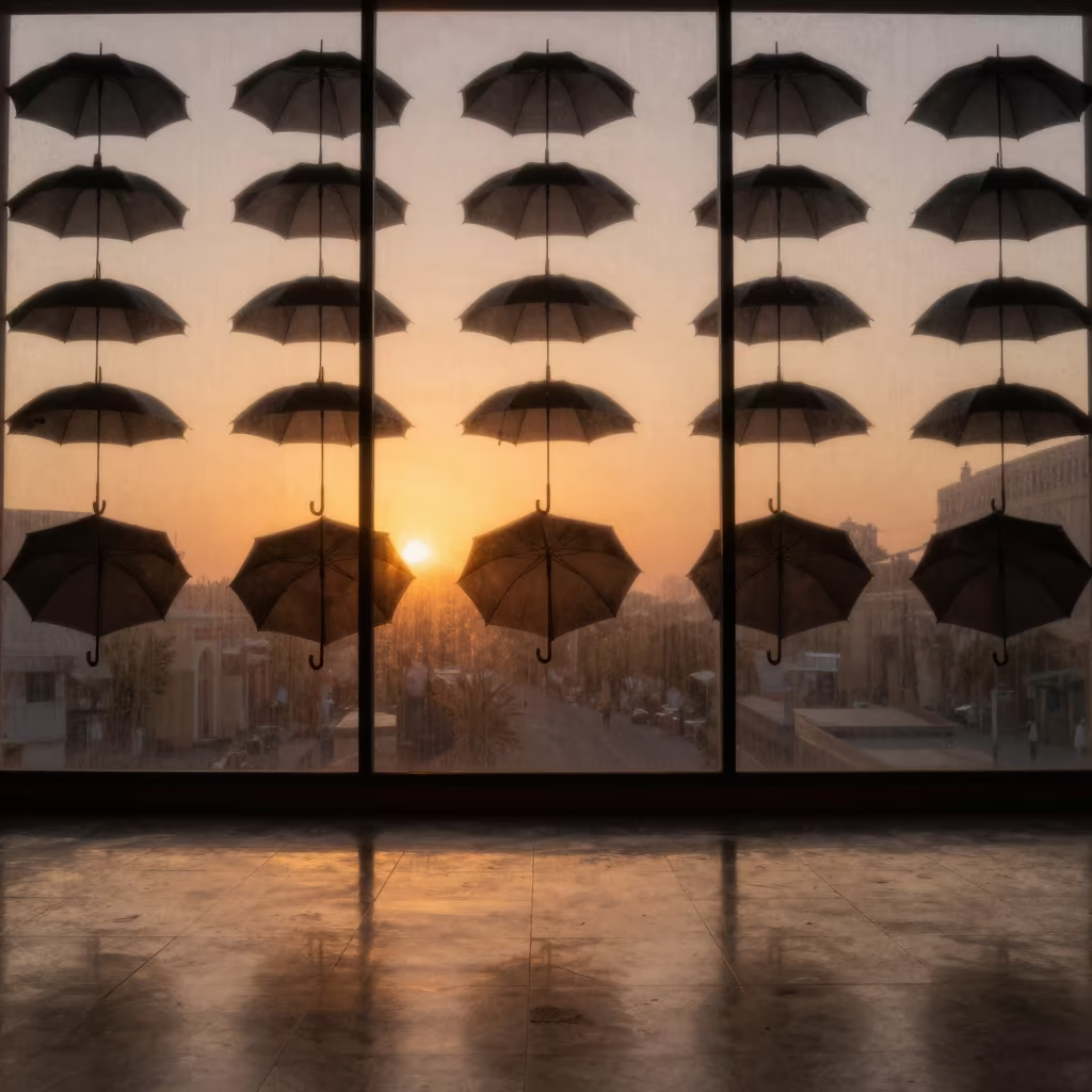 Geometric Umbrellas Through Fogged Glass Atrium in inside a vaulted atrium in Culiacán