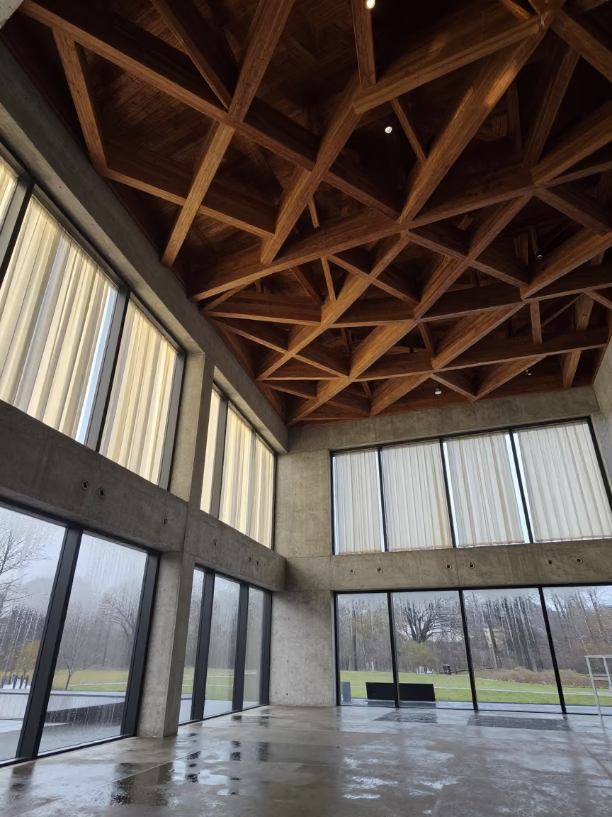 Geometric Wood Ceiling with Curtain Light in Lobby in inside a ribbed concrete lobby in Mbuji-Mayi