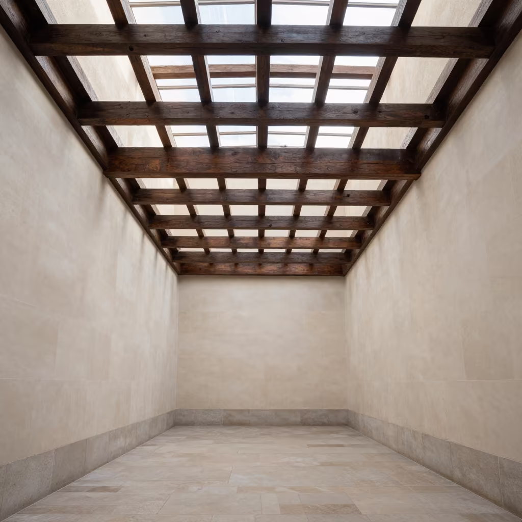 Geometric Wooden Ceiling Beams Madrid Atrium in inside a vaulted atrium in Retiro, Madrid