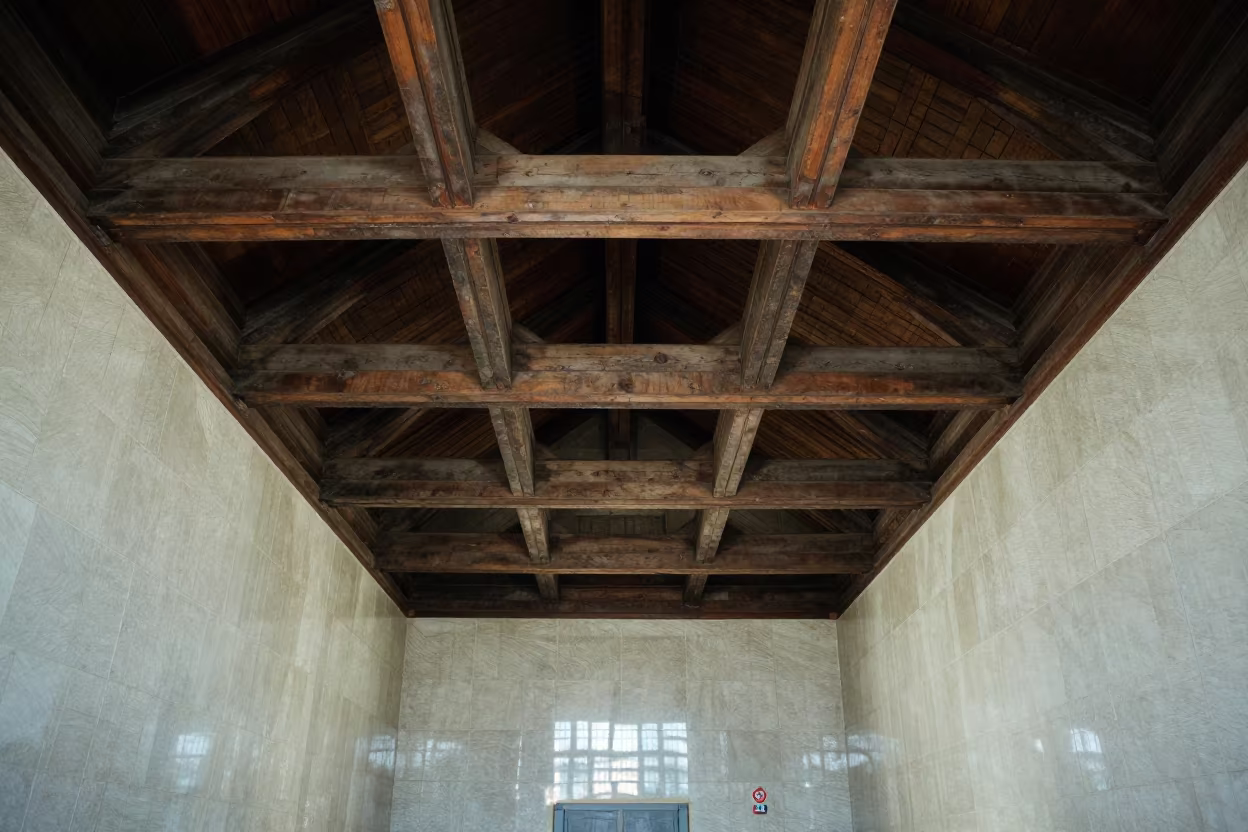 Geometric Wooden Ceiling Beams in Restored Terminal in inside a restored train terminal in New York