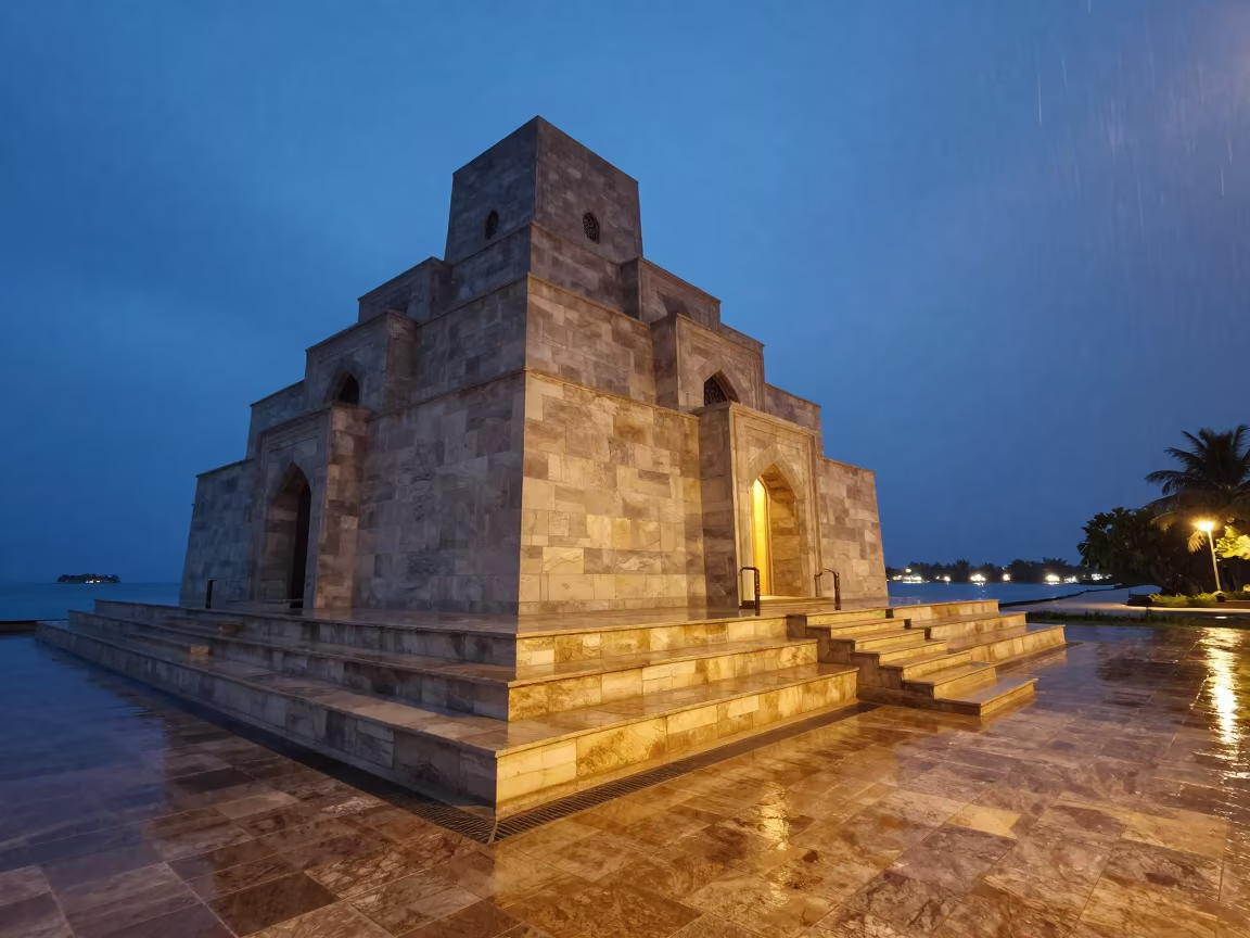 Geometric Ziggurat Facade Under Blue Evening Light in at the base of a monumental staircase in Maldives