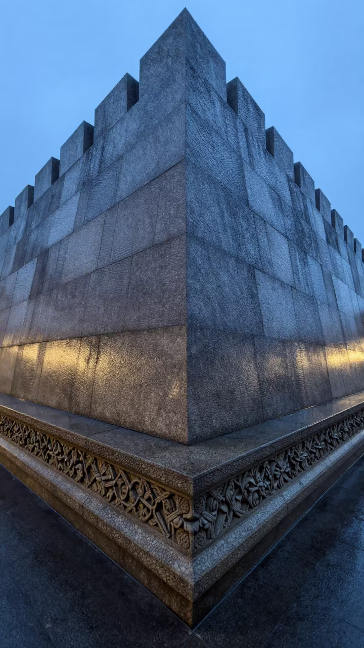 Geometric Ziggurat Facade Detail at Blue Hour in outside a wind-scoured fortress wall in Canterbury