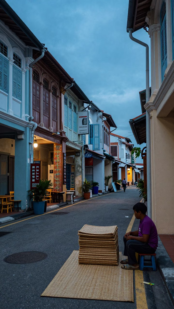 George Town Blue Hour Street Scene with Woven Mats and Faded Colors in in George Town, Malaysia