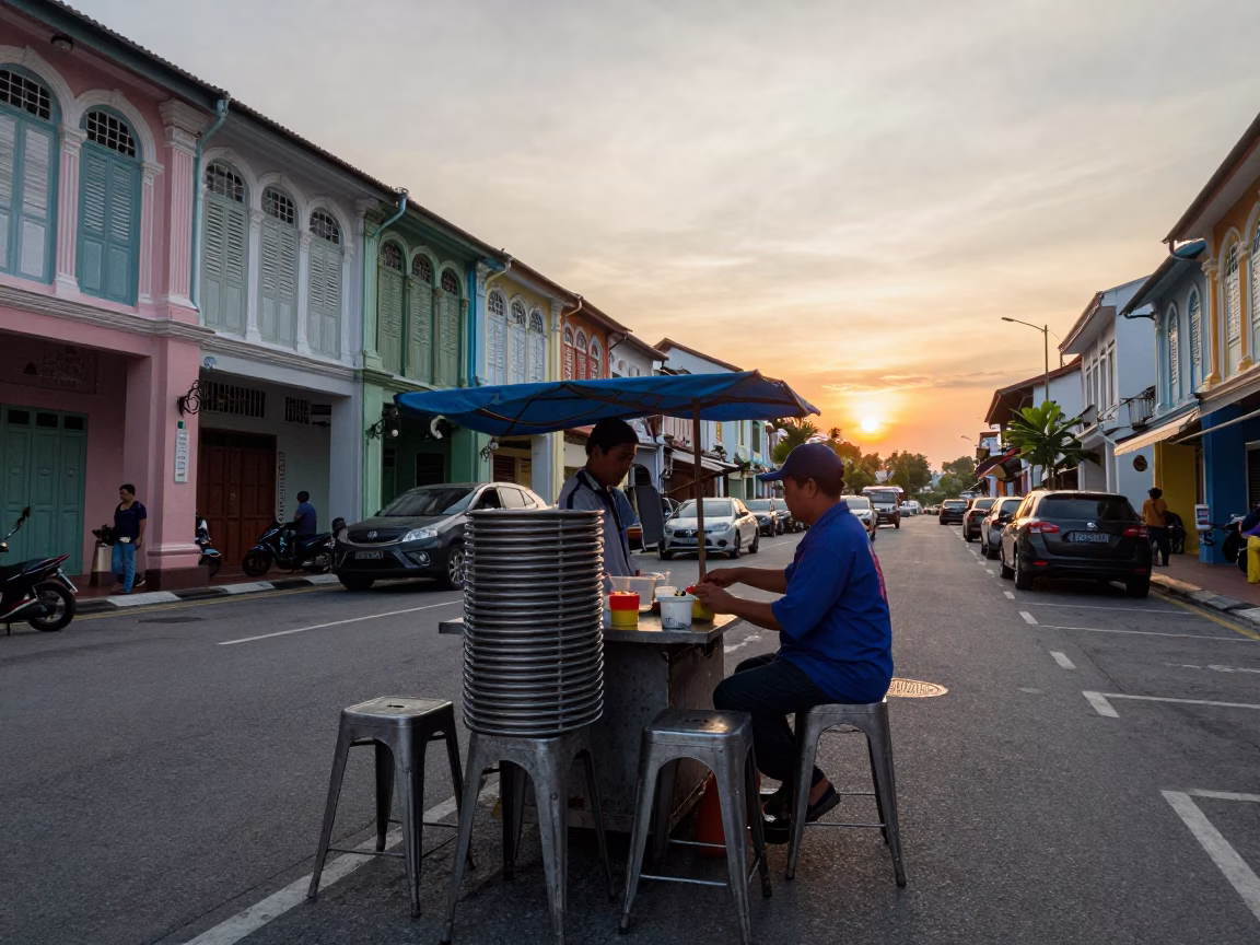 George Town Food Vendor at As The Sun Drops Toward The Horizon in in George Town, Malaysia
