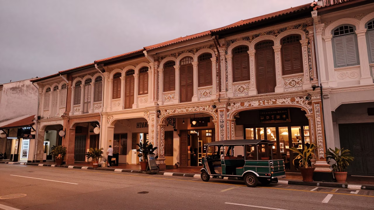 George Town Malaysia Before Dusk Copper Light Street Scene with Shop Houses in in George Town, Malaysia