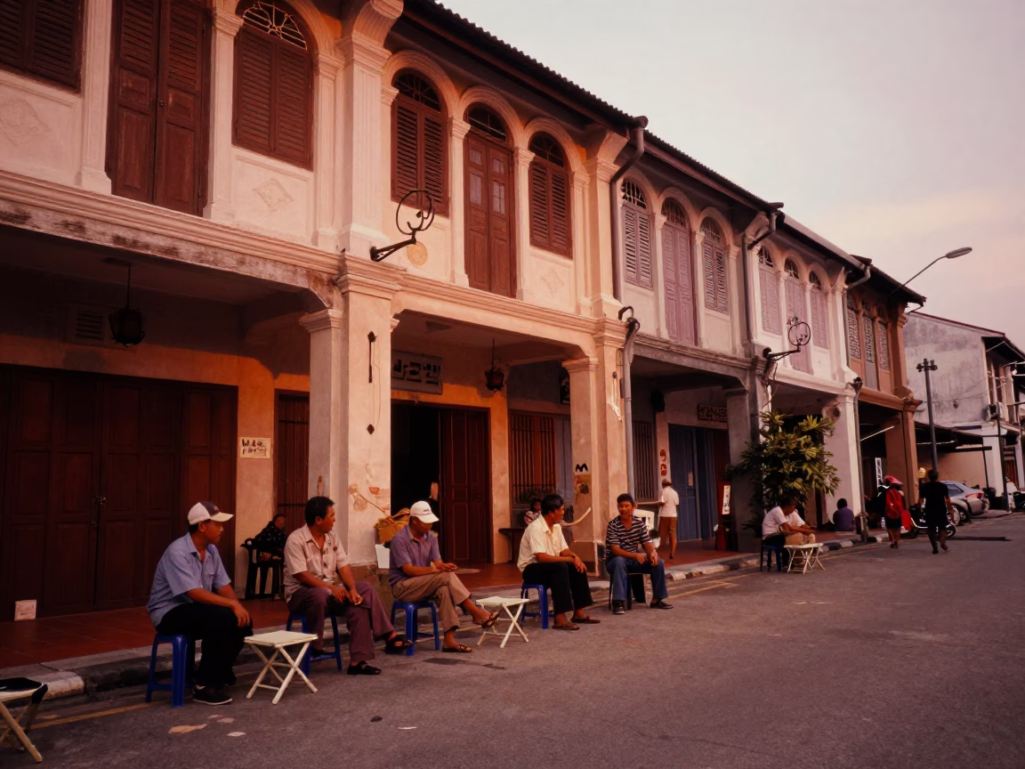 George Town Malaysia Before Dusk Street Scene with Folding Stools and Monorail in in George Town, Malaysia