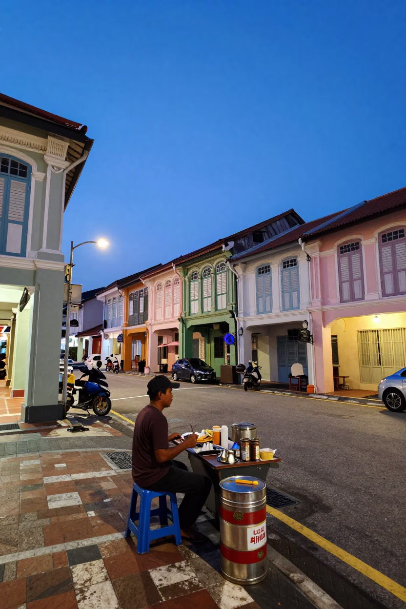 George Town Malaysia Blue Hour Street Scene with Coffee Tin and Local Interaction in in George Town, Malaysia