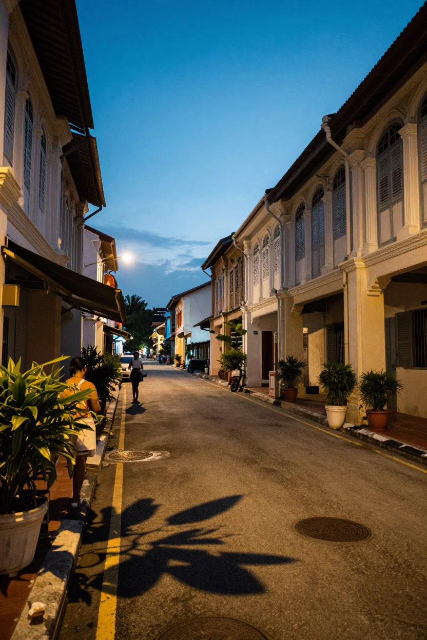 George Town Malaysia blue hour street scene with cup and leaf shadows in in George Town, Malaysia